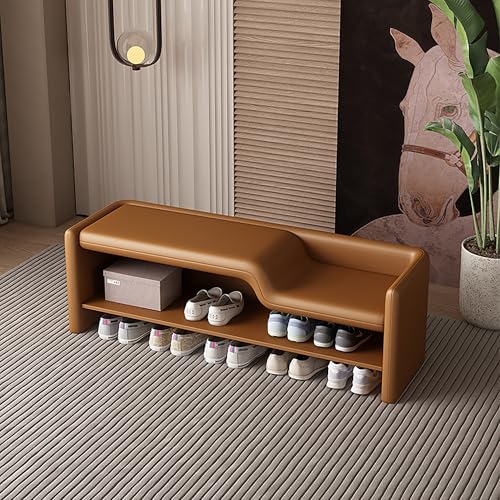 Industrial Shoe Rack Bench with Upholstered Seat 2 Tier Wood