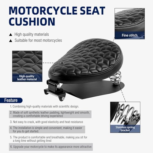 Image of DREAMIZER Motorcycle Seat Cushion Driver Solo Seats with Spring Bracket PU Leather Compatible with Harley Honda Yamaha Kawasaki Sportster Iron 883 1200 Chopper Bobber Cafe Racer-Rhombic Breathable