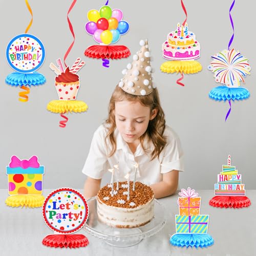 Image of 9 Pieces Birthday Honeycomb Centerpieces Table Decor, Colorful Cake Balloon Gift Box Happy Festive Pattern Table Topper Ornaments Signs, Fun Birthday Party Decorations