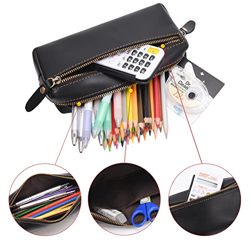 Wonderpool Pen Case Real Leather Pencil Pouch Markers Holder Big Capacity Bag With Side Zippered Pocket Sleeve For Stationery Makeup Utensils Organizer (Black) #TOP2