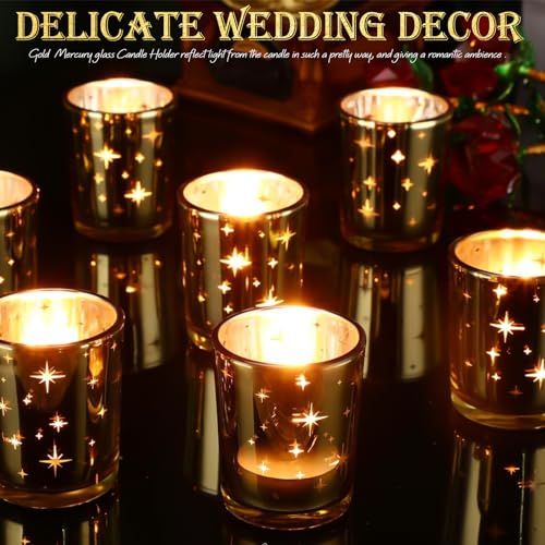 Hushee DUN-HUSHEE-246 48 Set Star Gold Votive Candle Holders Gold Glass Mercury Candle Holder Bulk Wedding Tealight Candle Jars thumb #2