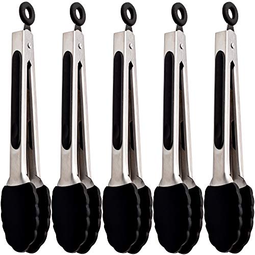 5 Pack Silicone Cooking Tongs Set 7-Inch Mini Tongs Heavy Duty Black Stainless Steel Silicone Small Kitchen Tongs with Non-Stick Silicone Tips for Food,Serving,BBQ,Salad,Grilling and More