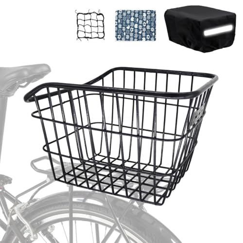 MATTISAM Bike Basket Rear, [Tool-Free Install], Dog Pet Carrier Bicycle Back Rack Basket for Cargo, with Waterproof Cover, Cargo Net, Fits Most Rear Racks