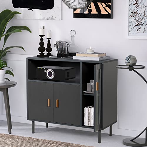 Lazzo Storage Cabinet Credenza Sideboard Buffet Cabinet With Glass Doors Free Standing Accent Cabinet Entry Cabinet Coffee Bar Cabinet For Living Room, Hallway, Kitchen And Dining Room Grey #TOP7