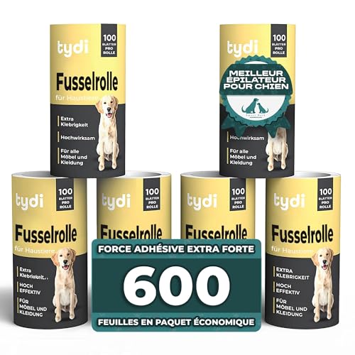 Tydi Rouleau Anti-Poils d'animaux réutilisable - 600 Feuilles, Brosse adhésive pour Poils d'animaux - 100 Feuilles par Rouleau adhésif, Recharge pour...