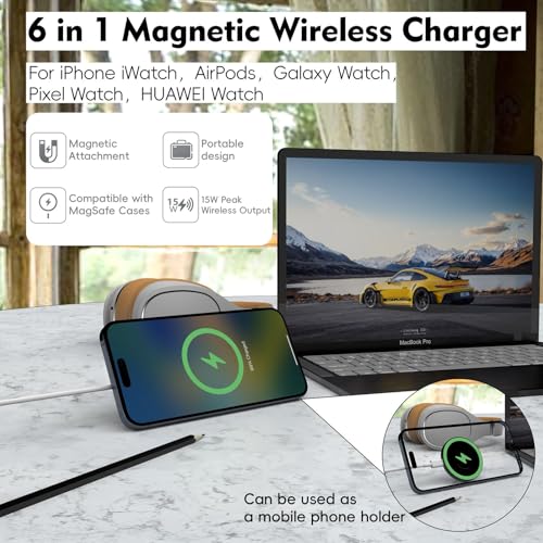 Image of WeFly 6-in-1 Magnetic Wireless Charging Pad with 15W Fast Charging for Phone 12 /13 /14 /15 /16 /17, Watch & Air /Pods, Compatible with Mag /Safe