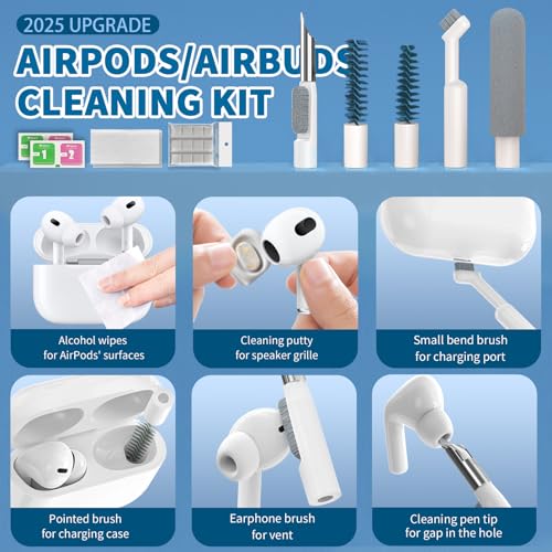2025 Upgrade Phone Cleaning Kit, iPhone Cleaning Kit, Airbud AirPods Cleaning Kit, Keyboard Cleaning Kit, Charging Port Cleaner for Apple Lightning/Android USB-C, Multi Devices Cleaning Kit (White)