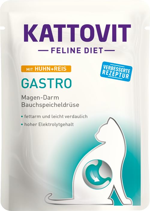 Kattovit Gastro Huhn & Reis | Doppelpack | 2 x 24 x 85 g | Diät-Alleinfuttermittel für ausgewachsene Katzen | Zum Ausgleich bei Verdauungsproblemen | Fettarm und gut verdaulich