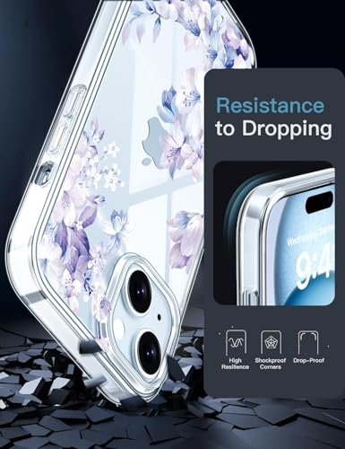 Image of VONZEE Clear Transparent Flower Case Compatible with iPhone 15 (6.1 inch), Shockproof Floral Design PC+TPU Back Cover, Full Camera Protection Slim Protective Phone Case for Women & Girls, Purple