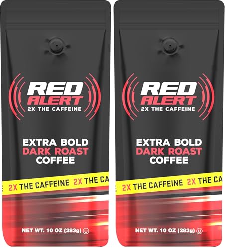 Red Alert Extra Strong Ground Coffee, 10 Oz, Bold and Intense Flavor, High Caffeine for Extra Energy, Perfect for a Powerful Morning Boost (Pack of 2)