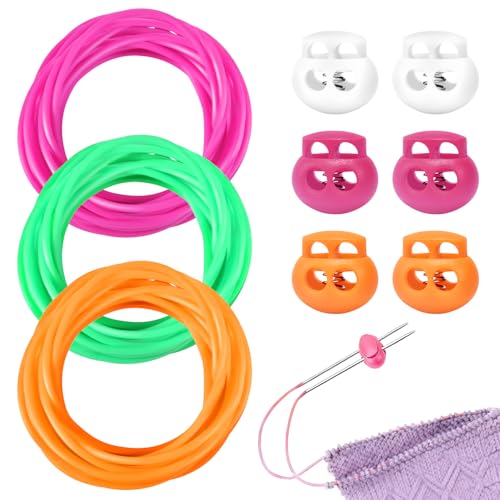 6pcs Assorted Colors Plastic Stitch Holders for Knitting Needle Stoppers 3.28 Yards 2mm Hollow Barber Cords for Knitting Stitch Holders Needle Point Protectors Crochet Accessories and Gadgets