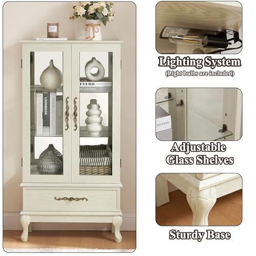 Image of 51 inch H Lighted Curio Cabinet Display Case, Glass Curio Cabinet with Adjustable Shelves,Tempered Glass Door and Drawer, Wooden Cabinets w /Mirrored Back Pane for Living Room (Antique White)