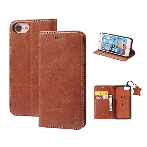MTRONX para Apple Funda iPhone 8, Funda iPhone 7, Estuche de Cuero Genuino de Billetera con Cierre Magnetico Carcasa Soporte Estante Ranura para Tarjetas y Billetes - Marrón(RLXD-BN)
