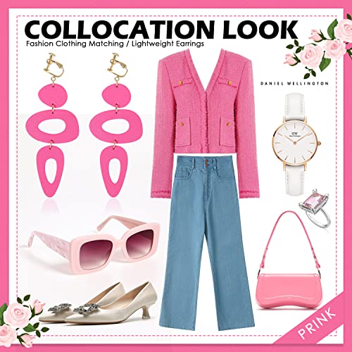 Gelvtic Lightweight Clip On Dangle Earrings For Women Genuine Leather Large Clip On Earrings For Girls Clip On Hoop Earrings Women's Clip-On Earrings Ear Clips For Women Cartilage Earring Gift For Christmas Birthday (Ea137-Pink-Clip On) #TOP4