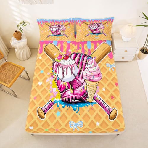 Image of Castle Fairy Baseball Cream Bed Sheets Queen Size,Ball Dessert Cherry Plaid Bedding Set, Kawaii Sport Game Boys Girls Room Decor,Pink Bule Yellow Sheet(Fitted+Flat+2 Pillowcases)