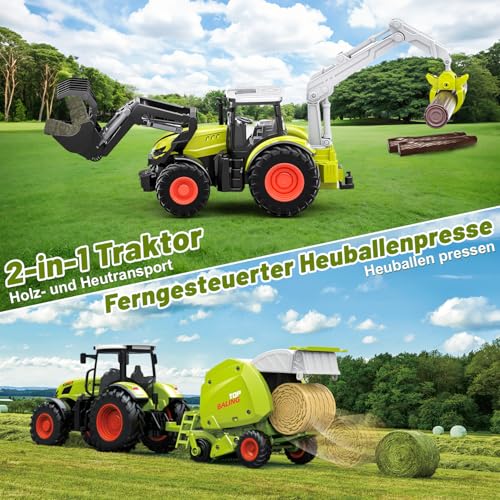 PENGBU RC Ferngesteuerter Traktor Ferngesteuert mit Anhänger, 2.4 GHz Traktor Spielzeug mit Ballenwagen und Holztransporter… – Ansicht 2