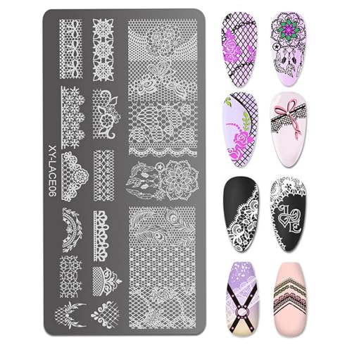 Zeizafa Lot de 6 plaques de stamping pour décoration de manucure, nœuds, fleurs et dentelle