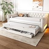 Lexiou Cama de día tapizada 90 x 200 cm con cama nido y 3 cajones, color beige