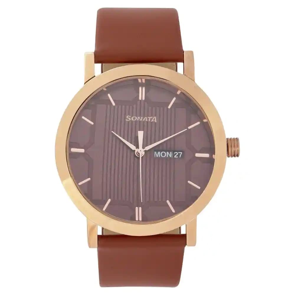 Sonata Quartz Analog with Day and Date Brown Dial Leather Strap Watch for Men-NR77108WL02 (B0BS3LF59X) Amazon Price History, Amazon Price Tracker