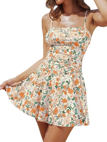 CUPSHE Dam baddräktsklänning baddräkt kantig urringning mage väg rompning kjol fåll baddräkt i ett stycke badkläder baddräkt, Orange Ditsy, XS