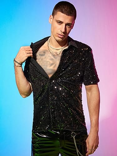 WDIRARA Men's Sequin Color Block Short Sleeve Collared Neck Button Down Shirt Party Club Tops3