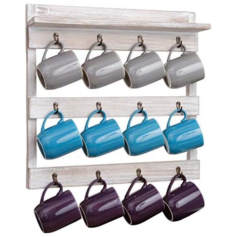 Rustic Mug Rack Wall Mounted with Shelf - 12 Coffee Cup Hangers - Built in Shelf for Coffee, Sugar & More! Wooden Coffee Mug Display and Organizer - Distressed Coffee Rack (Whitewashed) Cover