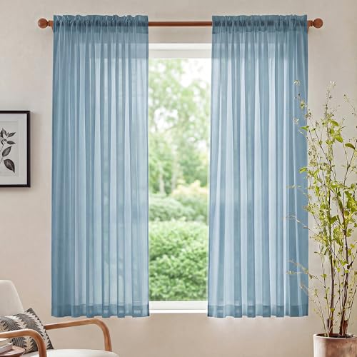 Image of NICETOWN Stone Blue Sheer Curtains for Kids Room, W42xL63, 2 Panels | Rod Pocket Lightweight Drapes Voile Sheer Air & Breathable Home Decor Window Treatments for Bedroom