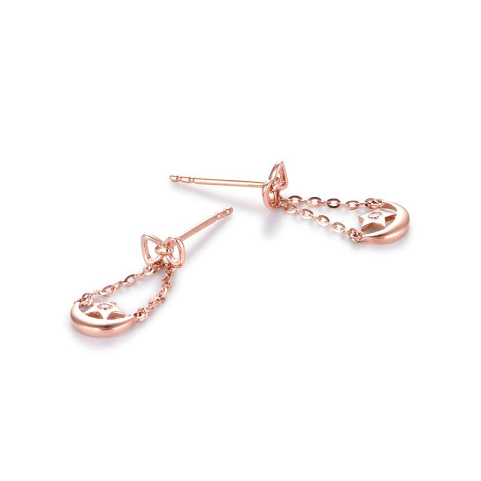 Ohrstecker für Damen, Ohrringe aus 9/18-karätigem Weißgold, Schleife, Mond und Stern, mit runden Diamant-/Moissanit-Ohrringen