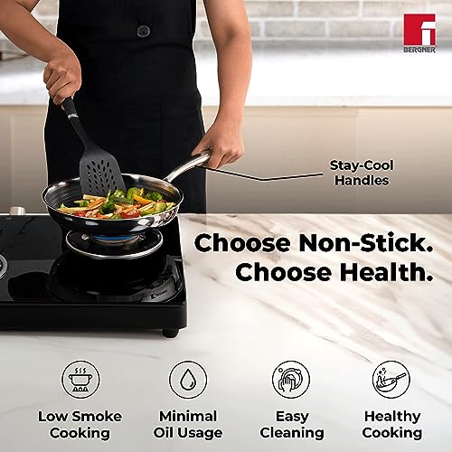 Image of Bergner Hi-Tech TriPly Stainless Steel 20cm Frypan with Glass Lid, Honeycomb Non-Stick Coating, Non-Toxic, Healthy Cooking, Less Oil Use, Durable Handle with Excellent Grip - Induction and Gas Ready