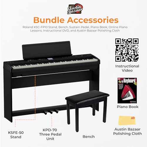 Roland FP-E50 88-Key Digital Piano - Black Bundle with KSFE-50 Stand, KPD-70 Three Pedal Unit, Bench, Online Piano Lessons, Instructional DVD, and Austin Bazaar Polishing Cloth