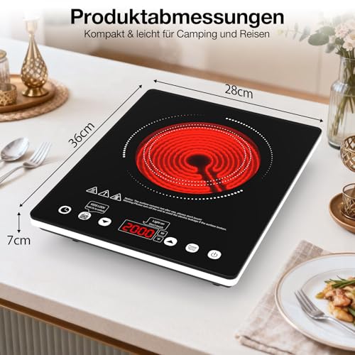 GTKZW Glaskeramikkochfeld 1 Platte 2000W, Infrarot Kochplatte für Alle Töpfe, Tragbares Kochfeld 36 cm mit Touch Control & Timer, Platzsparend für Camping, Wohnmobil & Singleküche