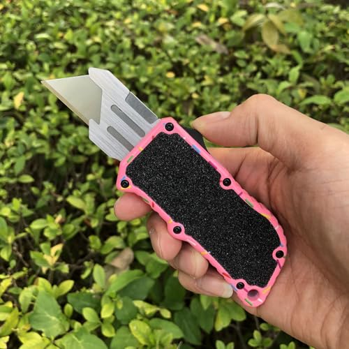 Image of Caressolove Automatic Utility Knife, Premium Pink Retractable Box Cutter, Cute Aluminum Alloy Heavy Duty Pocket Knife, Safety Replaceable Blade EDC Razor Knives with 5PCS Blades