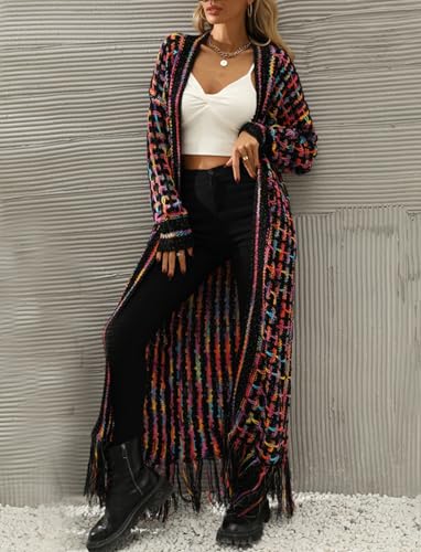 CXINS Women Boho Long Cardigan Sweater Long Sleeve Open Front Fringe Tassel Hem Colorful Rainbow Knit Maxi Sweaters Coat2