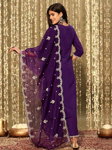 Image of INDO ERA Women's Silk Blend Embroidered Straight Kurta & Pant with Dupatta Set (SHUTR7630)