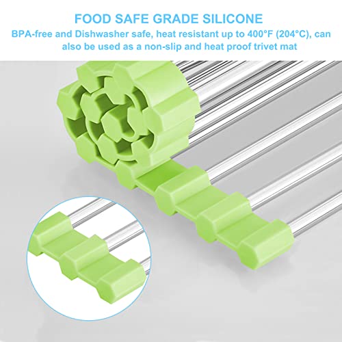 Roll Up Dish Drying Rack Over The Sink Drying Rack For Kitchen Counter, Rolling Dish Rack Over Sink Mat, Foldable Dish Drainer Stainless Steel Sink Rack Kitchen Organization Gadgets Green 17.5"X11.8" #TOP5