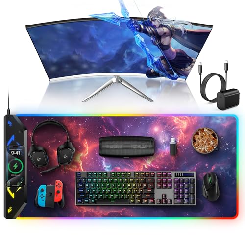 Image of TopMade Wireless Charging Mouse Pad, RGB Gaming Mousepad, 35.4 inch x 15.8 inch Extra Large Waterproof Keyboard Desk Pad, Computer Desk Mat, Red Nebula (Includes 20W PD Power Adapter & 6.56ft Woven Cable)