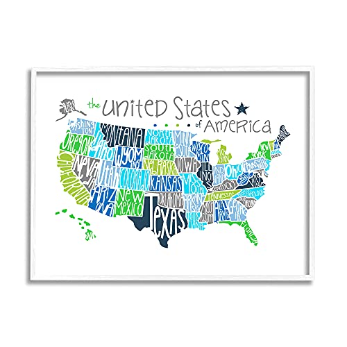 Stupell Industries United States Map Colored Typography, Design by Erica Billups White Framed Wall Art, 11 x 14