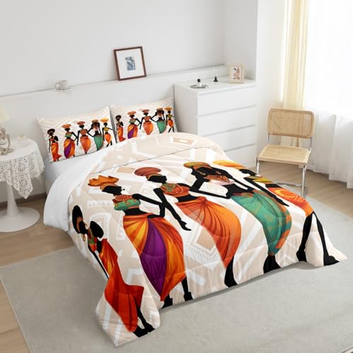 Image of Feelyou African Woman Ethnic Comforter Set King Size Boys Bedding | Adults Afro Traditional Exotic Soft Duvet Set Warm Cozy Breathable Lightweight All Season
