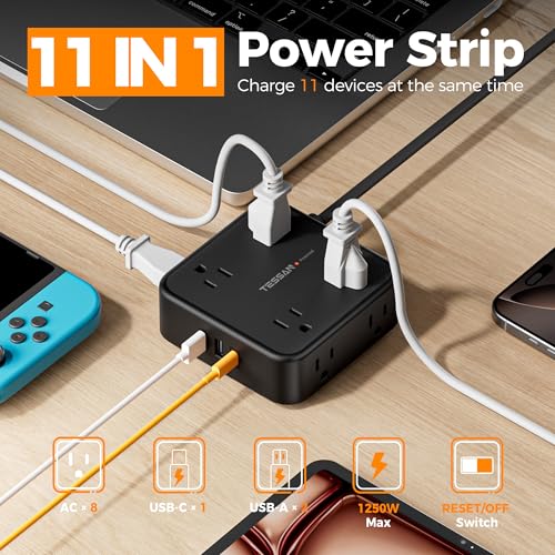 Image of TESSAN Surge Protector Power Strip, 10 Ft Flat Plug Extension Cord with 3 USB (1 USB C) 8 Outlets, 1250W, 900J Protection, 3 Sided Outlet Extender with Power Switch for Office, Dorm Room, Black