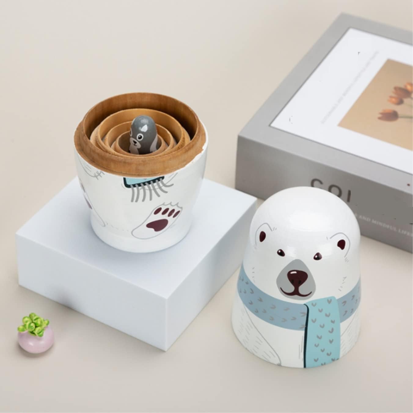 Matryoshka Stacking Dolls 5 Pcs Polar Bear Russian Matryoshka Dolls Handmade Different Animal Wood Nesting Dolls Set Toy for Birthday Gifts Matryoshka Doll Russian