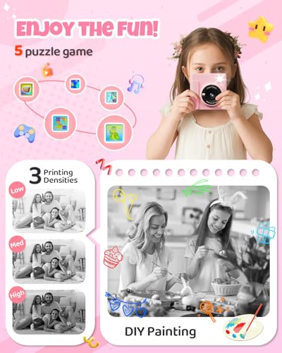 Image of TIATUA Kids Instant Print Camera, 1080P HD Video Digital Toy, Pink | Includes 32GB Card, 3 Rolls Paper & 5 Coloured Pens, Inkless Print, 16x Zoom, Christmas Birthday Toy Gift for Kids 3-14