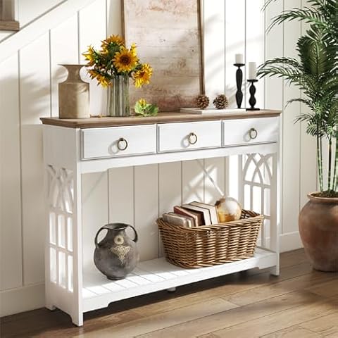 funitydg,43" Console Tables for Entryway with Drawers, Farmhouse Entryway Table with Shelf, Narrow Long Entry Table with Solid Wood Legs, Rustic Vintage Sofa Foyer Tables for Entryway, White Cover