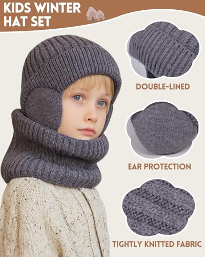Image of Kids Winter Beanie Hat Scarf Gloves Set 4-10Y, Knit Hat With Earmuffs Neck Gaiter Fleece Lined Touchscreen Gloves Boys Girls