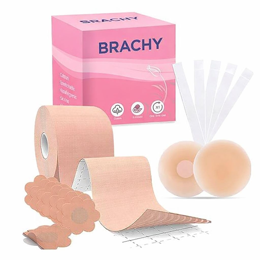 brachy Boob Tape Kit - Instant Boob Tape with 10 Nipple Pasties for Fashion with 36 Strips Double Sided Tape for Clothes &1 Pair Reusable Nipple Cover for Women (Beige)-picture-43