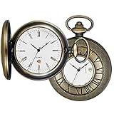 Realpoo Bronze Hollow Roman Digital Pocket Watch Cover for Men, Calendar Roman Dial Men's Quartz Poc