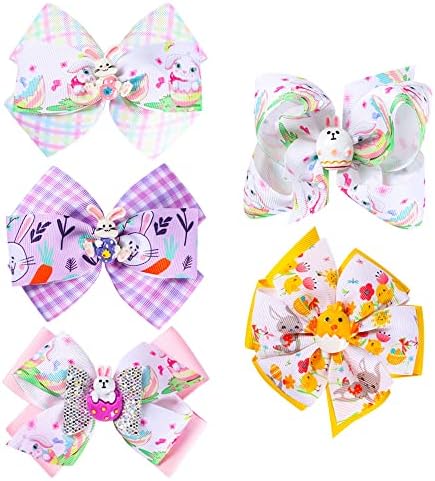 Ainid Easter Hair Clips 5PCS Hair Bow Clips with Cartoon Bunny and Chick Barrettes Easter Egg Bunny Pattern Headwear Hair Accessories for Kids Girls