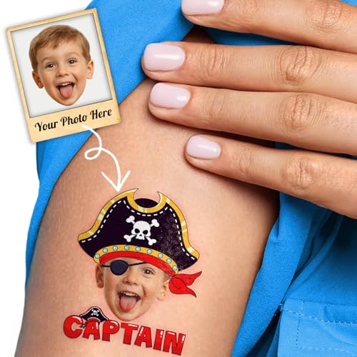 Image of Custom Pirate Temporary Tattoos for Kids, Set of 20 | Personalized Pre-Cut Face Photo, Birthday Party Favors, For Boys & Pirate Fans, Unique Celebration Gifts