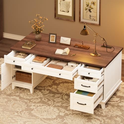 GarveeHome Executive Desk with File Drawers Farmhouse Home Office Desk with Charging Station 60 in Wooden Computer Desk with Cabinet Storage for Work Study Writing White Walunt