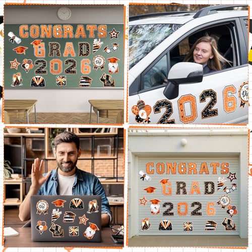 Image of Landhoow 30 Pcs Graduation Car Magnets 2026 Senior Graduation Car Decoration Bumper Sticker Congrats Grad Magnet Magnetic Refrigerator Decal for Grad Parade Party Supplies(Orange, Black)