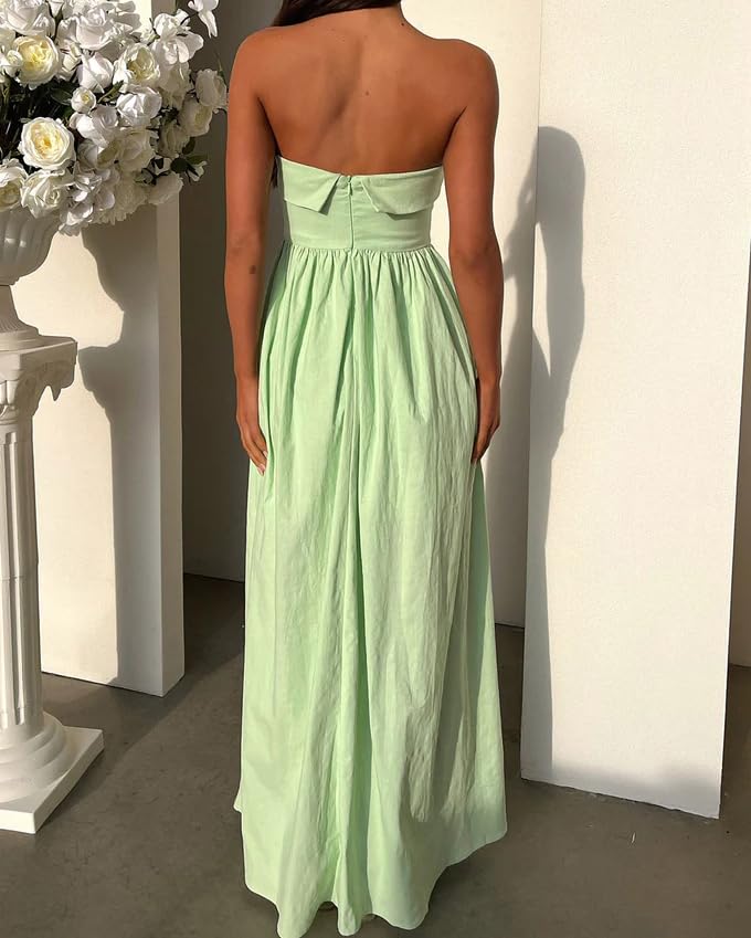 Image of Women Summer Strapless Maxi Tube Dress 2024 Trendy Solid Pleated Flowy Dress Wedding Guest Maxi Dresses Party Club